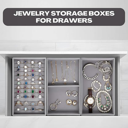 Landical 16 Pcs Stackable Jewelry Organizer for Drawer Velvet Jewelry Tray with Dividers Earring Holder & Ring Display Box Fits 8.4 x 5 x 1 Drawer Necklace Storage for Women, Girls,16 Styles (Grey)