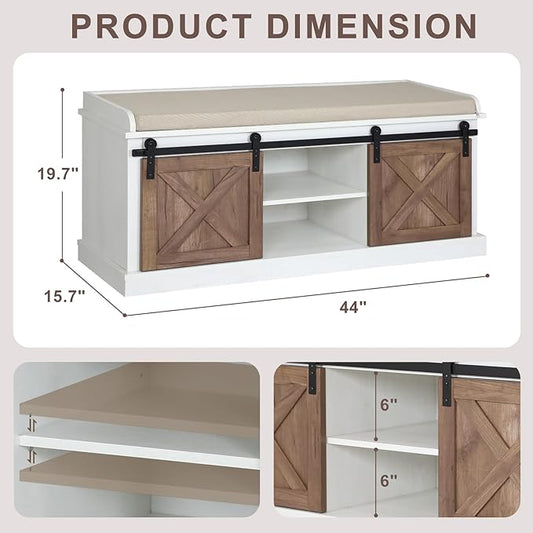 2-Tier Shoe Storage Bench,43" Wooden Shoe Cabinet with Sliding Doors,Length Shoe Bench with Adjustable Shelves,Storage Bench for Entryway,Hallway,Bedroom