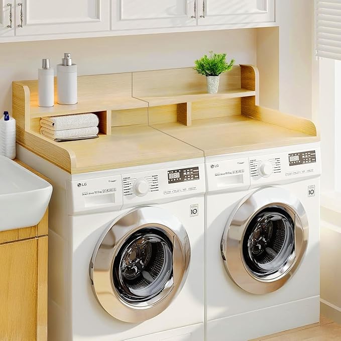 Washer Dryer Countertop, Laundry Wood Shelf Topper with Edge, 2-Tier Laundry Countertop, for Washer and Dryer Laundry Hamper Counter Storage Organization (Oak)