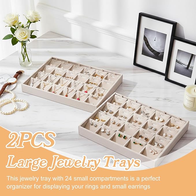 2 Pcs 24 Grids Stackable Jewelry Tray Organizer with Removable Dividers, Velvet Jewelry Display Tray for Earrings Necklaces Bracelet Rings Display Showcase - Beige