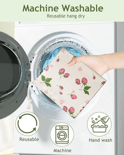 Plastic Bag Holder Organizer - 1 Pack Reusable Canvas Grocery Bags Holder Hanging Wall Cute Aesthetic Shopping Bag Storage Dispenser with Drawstring Closure for Kitchen Home, Strawberry