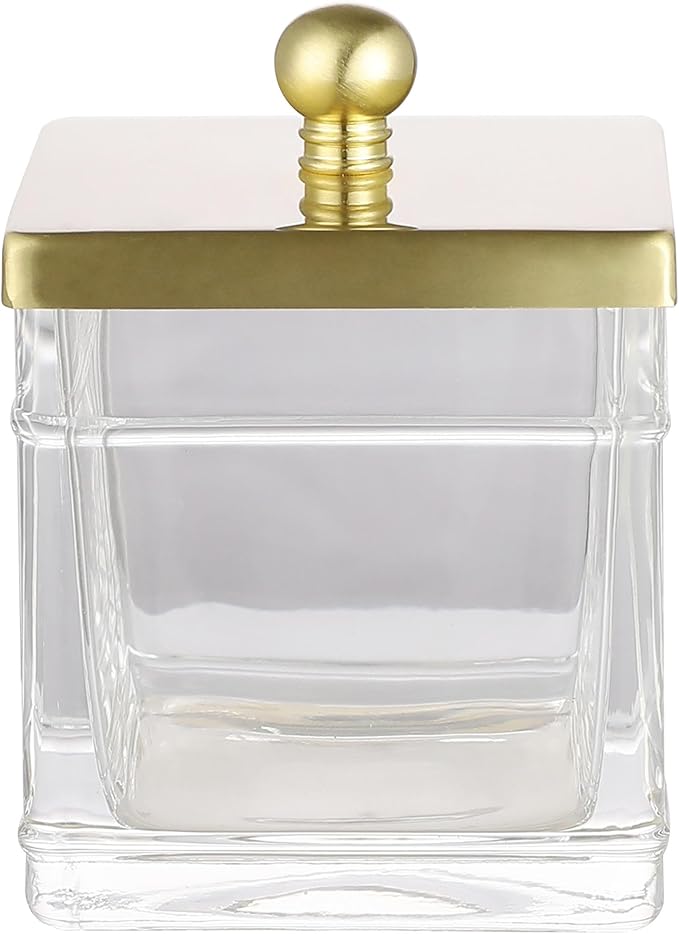 Indecor Home Clear Transparent Hotel Style Apothecary Tempered Glass Canister Jar W/ Gold Metal Lid Cover, Classic Countertop Organizer for Cotton balls/pads, Floss Picks, Makeup Storage