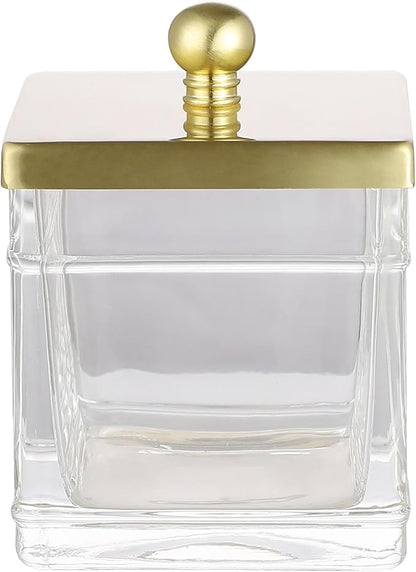 Indecor Home Clear Transparent Hotel Style Apothecary Tempered Glass Canister Jar W/ Gold Metal Lid Cover, Classic Countertop Organizer for Cotton balls/pads, Floss Picks, Makeup Storage