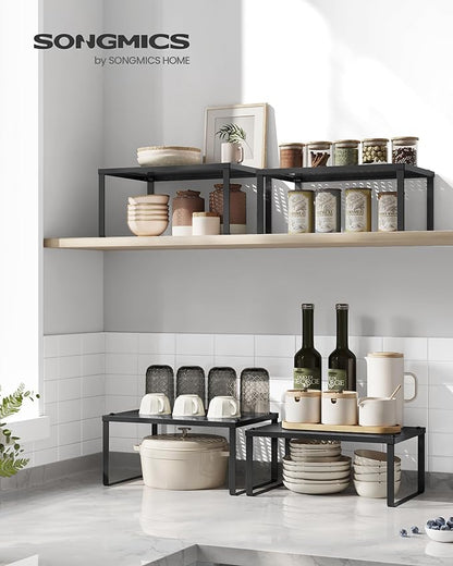 SONGMICS Spice Racks, Set of 4 Metal Cabinet Shelf Organizers, Countertop Organizers, Shelf Risers, Stackable, Expandable, Ink Black UKCS006B01