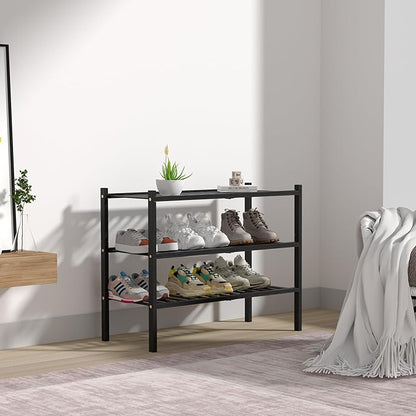 3 Tier Bamboo Shoe Rack for Closet Free Standing Wood Shoe Shelf Storage Organizer for Entryway Small Space Stackable 27"x11"x20" (Black)