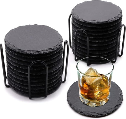 24 PCS Round Slate Drink Coasters Set, SIJDIEE 4 Inch Laser Engraving Black Slate Stone Coasters with Anti-Scratch Bottom and Coaster Holder for Office Bar Kitchen Home Dinner Table Decor Supplies