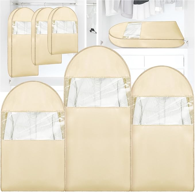 Space Saving Hanging Garment Bag with Self Compression Seal, Large Clear Garment Storage Bags for Jackets and Suits, Closet Bags Clothes (Beige, 3PCS(M+L+XL))