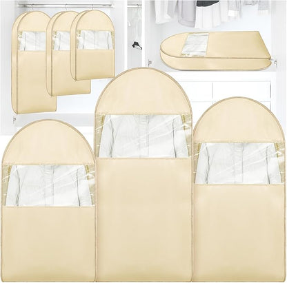 Space Saving Hanging Garment Bag with Self Compression Seal, Large Clear Garment Storage Bags for Jackets and Suits, Closet Bags Clothes (Beige, 3PCS(M+L+XL))