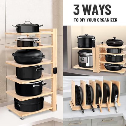 Meecoo Spring 6 Tier Pot Organizer Collapsible with 3 DIY Methods, Adjustable Pots and Pans Organizer Under Cabinet, Heavy Duty Pot Rack Inside Cabinet, Pot Holders Rack for Kitchen