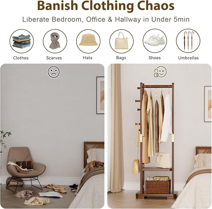 Solid Wood Clothes Rack Coat Rack with 2 Shelves & 4 Hooks for Hanging Clothes Garment Wallets Hats, Clothing Rack Coat Rack Freestanding Hall Tree with Storage for Hallway Bedroom Living Room