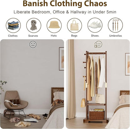 Solid Wood Clothes Rack Coat Rack with 2 Shelves & 4 Hooks for Hanging Clothes Garment Wallets Hats, Clothing Rack Coat Rack Freestanding Hall Tree with Storage for Hallway Bedroom Living Room