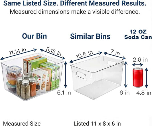 MOONEDGE Open Clear Plastic Storage Bins Stackable Organizer Containers with Handles for Kitchen, Pantry, Fridge, Cabinet, Closet Storage & Home Organization 8 Pack（11 x 8 x 6 in）