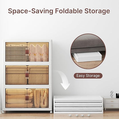 Extra Large Stackable Storage Bins, Lockable Storage Bins with Lids, Folding Storage box with Doors and Wheels, Collapsible Plastic Drawers for Home, Garage, Office (6, White, Extra Large)