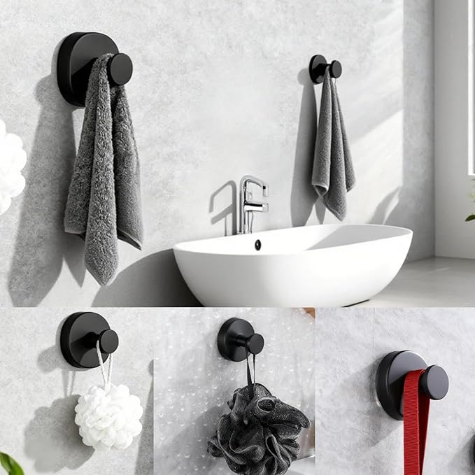 2Pcs Suction Cup Shower Hooks Matte Black Towel Hooks, No-Drill Waterproof Towel Hooks for Bathroom Glass Window Door Can Hang Various Towels Bath Towels Keychains