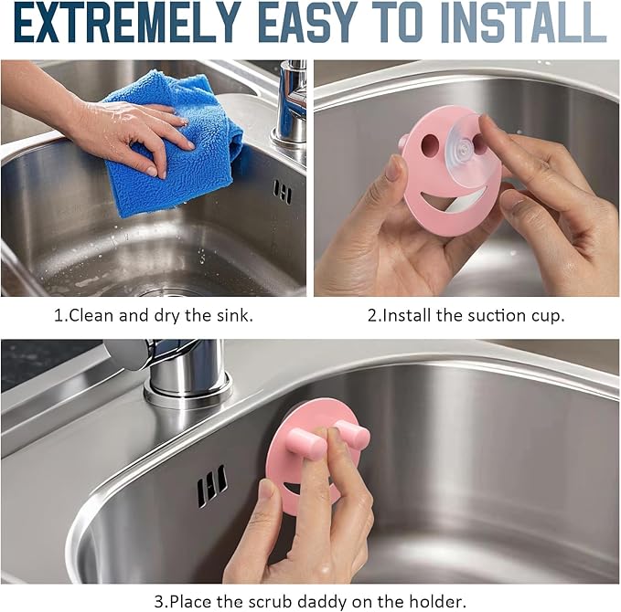Yoshiky Stainless Steel Smiley Face Sponge Holder, Silver Sink Caddy Organizer Storage with Suction Cup for Kitchen, Kitchen Accessories Decor Scrubber-Pink