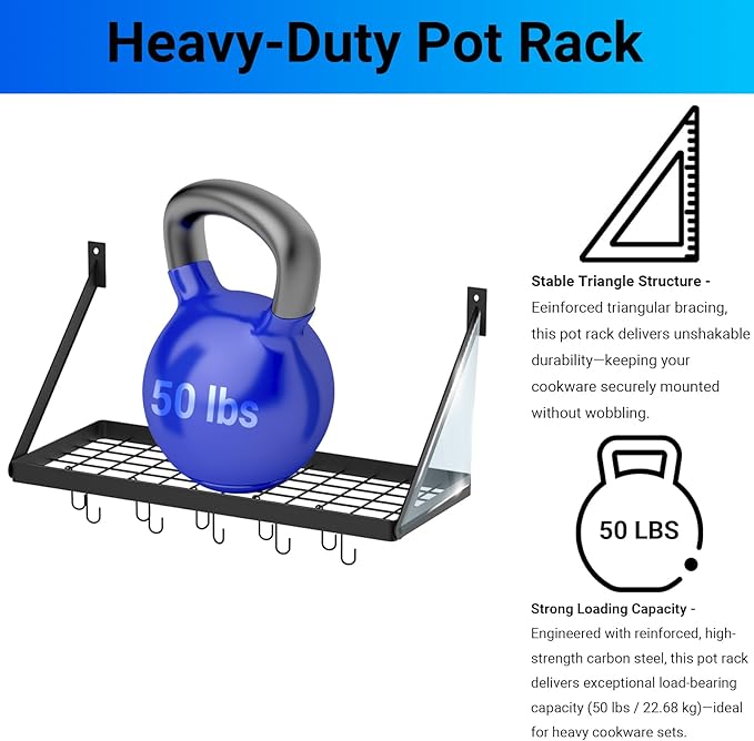 Miyili Pot Rack Square Grid Wall Mounted Kitchen Pot And Pan Organizer Shelf With 10 Hooks, 24 by 10-inch (Black), KR301B1