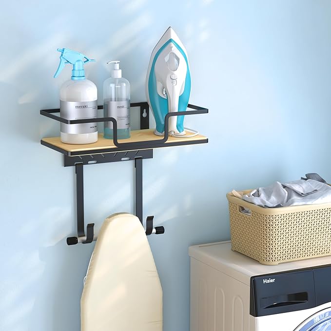 efluky Ironing Board Hanger Wall Mount with Removable Hooks, Ironing Board Holder Organizer Compatible with T/Leg & Y/Leg Ironing Boards, Space Saving Laundry Room Storage, 12.59"x5.9"x2.36", Black