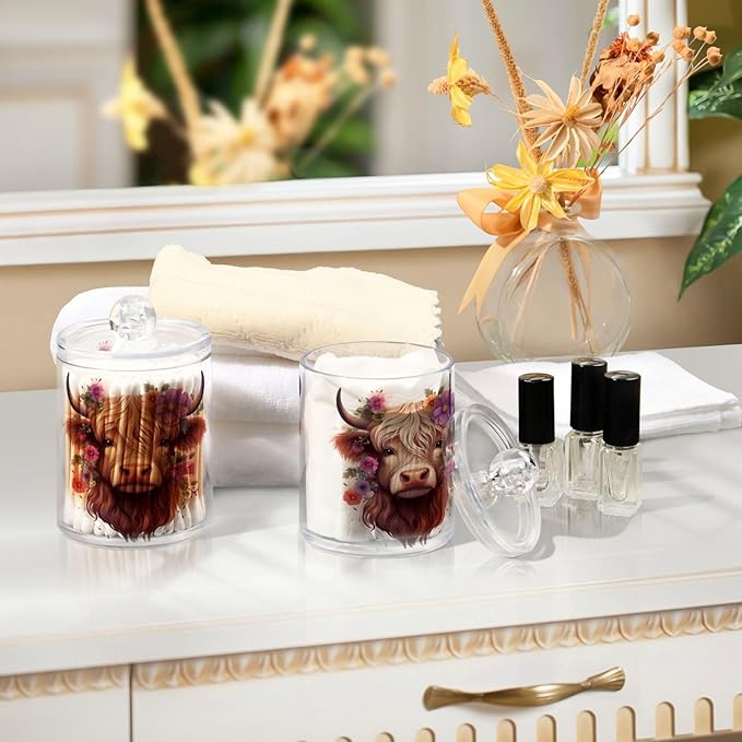 MNSRUU 2 Pack Qtip Holder Organizer Dispenser Highland Cow Pink Bathroom Storage Canister Cotton Ball Holder Bathroom Containers for Cotton Swabs/Pads/Floss