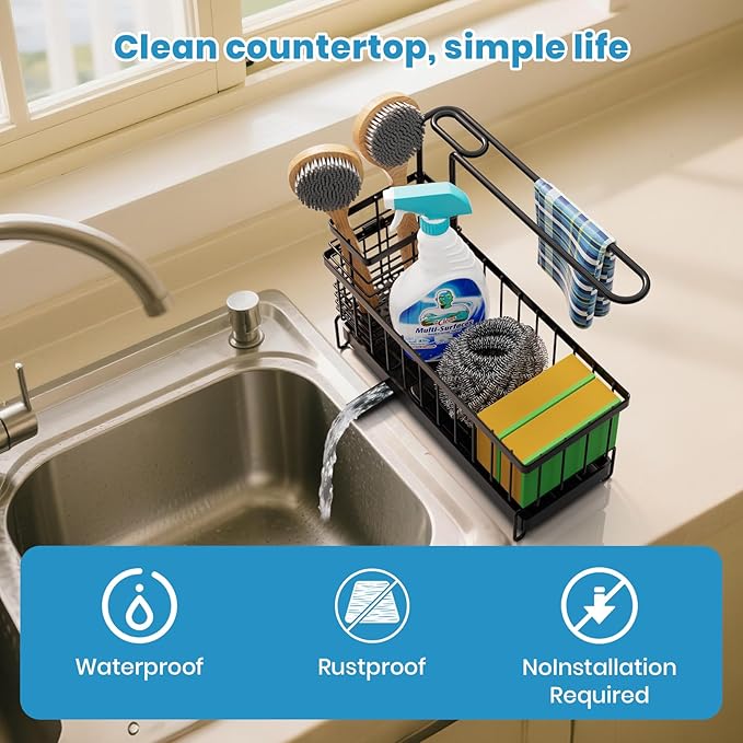 Kitchen Sink Caddy, Sponge Holder with Towel Holder, Kitchen Holder for Sink with 360 Degree Rotating Drain, Carbon Steel Rustproof, Kitchen Sink Caddy Sponge Holder for Gadgets and Decor
