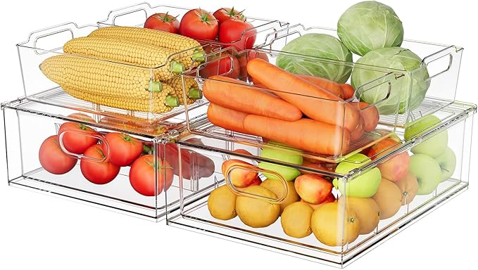 Greenby Refrigerator Organizer Bins with Pull-out Drawer 6 Pack Stackable Clear Fridge Drawer Organizer Fruit Vegetable Storage Containers for Kitchen Pantry Organization (2 Large+4 Medium)