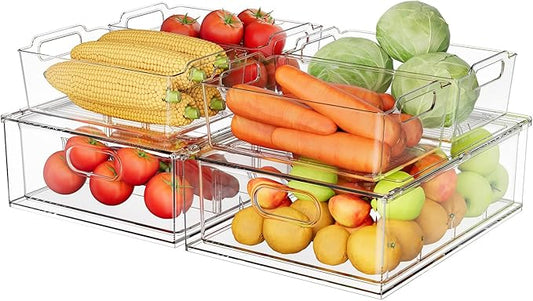 Greenby Refrigerator Organizer Bins with Pull-out Drawer 6 Pack Stackable Clear Fridge Drawer Organizer Fruit Vegetable Storage Containers for Kitchen Pantry Organization (2 Large+4 Medium)