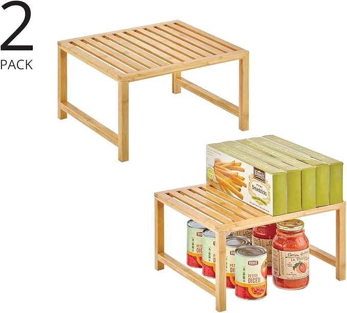 mDesign Wooden Stackable Storage Shelf - Food and Kitchen Organizer for Cabinet, Pantry Shelves, Countertop, Cabinet - Echo Collection - 2 Pack - Natural Bamboo