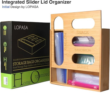 LOPASA Baggie Organizer for Drawer Compatible with Ziplock Food Storage Bag, Sandwich Bag Organization for Kitchen Drawer, Plastic Baggie Storage Box for Pantry(Bamboo)