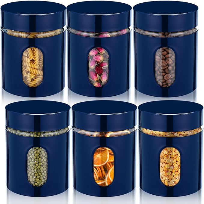 Mimorou 6 Pack Kitchen Canisters Set Airtight Coffee Sugar Tea Storage Jars with Window Glass Stainless Steel Containers with Lids for Flour Cookies Spices Grains Kitchen Decorations(Navy Blue,20 oz)