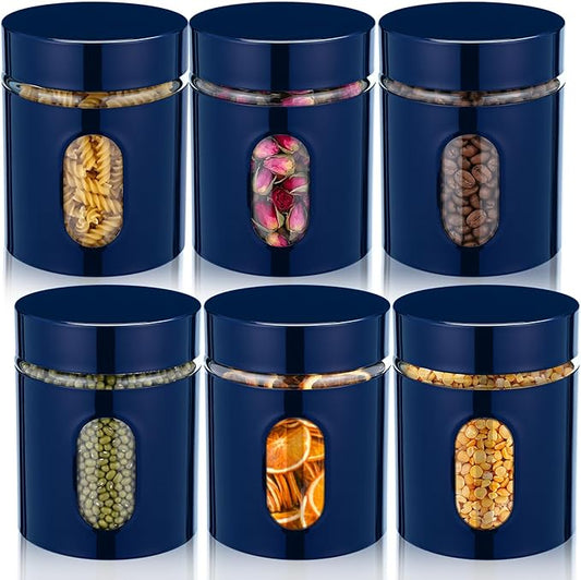 Mimorou 6 Pack Kitchen Canisters Set Airtight Coffee Sugar Tea Storage Jars with Window Glass Stainless Steel Containers with Lids for Flour Cookies Spices Grains Kitchen Decorations(Navy Blue,20 oz)
