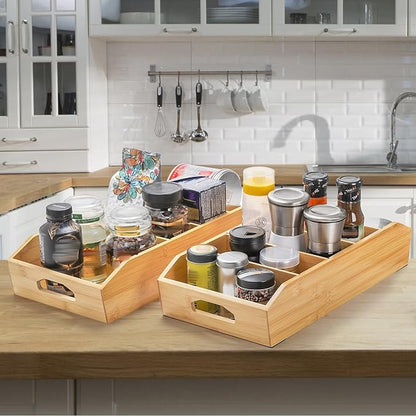 2 Pack Bamboo Pantry Organizers, Storage Bin with Removable Dividers, Divided Snack Oragnizer with Handle, Stackable Cabinet Basket, Drawer Caddy for Kitchen Office Packets Sauce Pouches