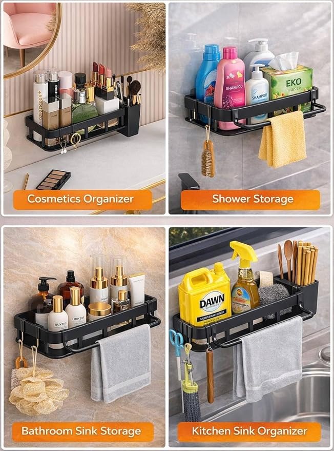Spice Rack Wall Mount, Adhesive No Drill Wall Mounted Spice Rack for Kitchen & Pantry, 2 Pack Stainless Steel Organizer with Hooks, Renter Friendly