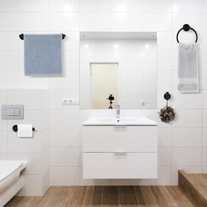 Gisafai 25 Pcs Bathroom Hardware Set, 23.6 Inch Brushed Towel Bar Ring Toilet Paper Holder Robe Towel Hook, SUS304 Stainless Steel Bathroom Accessory Set Wall Mounted (Black)