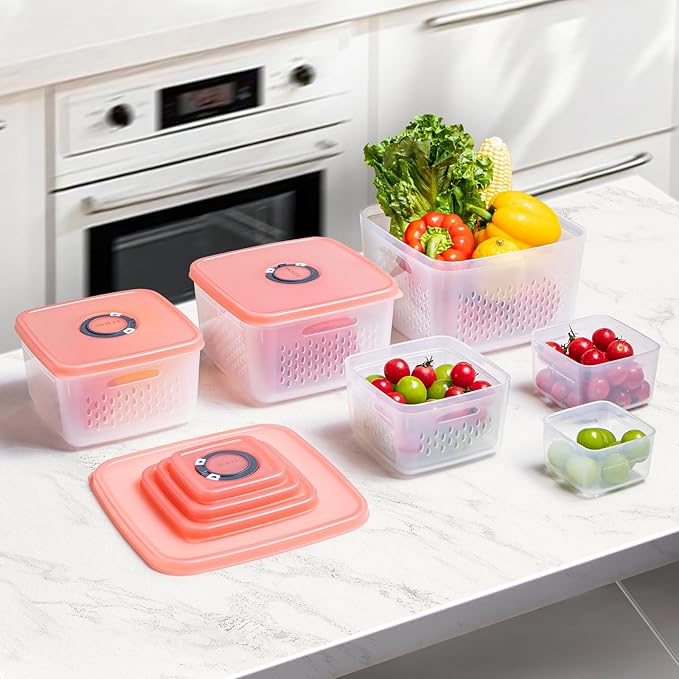 ANJUKE 6-Piece Fruit Storage Containers for Fridge with Lids — BPA-Free Produce & Salad Keeper with Removable Colanders, Dishwasher & Microwave Safe, Multi-Size Meal Prep & Lettuce Saver