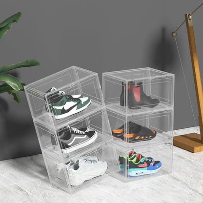 Waikhomes 6 Pack Shoe Boxes, Clear Stackable Plastic Sneaker Box Container, Side Open Shoe Organizer Case Container with Magnetic Clear Door