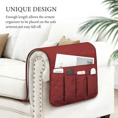 AUVCAS Sofa Armrest Organizer Non-Slip Arm Chair Bedside Caddy Storage Organizer for Recliner Couch with 5 Pockets for Cell Phone TV Remote Control Magazines (RED)