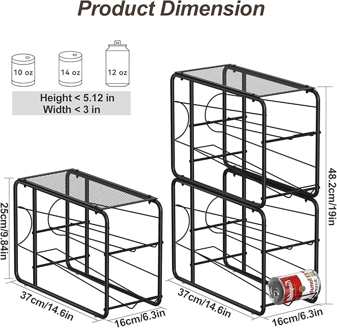 4 Pack Soda Can Organizer, Stackable Metal Can Dispenser for Pantry, Automatic Rolling Canned Food Organizer for Cabinet and Countertop, Black.