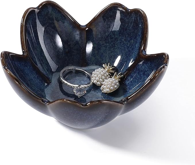 YZMICSTAR Flower Ring Dish Holder,Jewelry Dish Tray,Small Trinket Tray,Jewelry Plate Bowl,Key Bowl,Decorative Plate,Birtdhay Christmas Gifts for Women Friends,Ceramic Kiln effect Blue