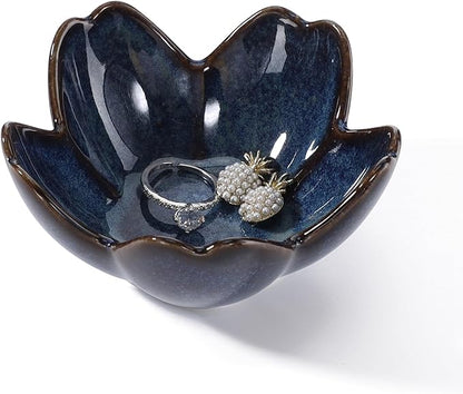 YZMICSTAR Flower Ring Dish Holder,Jewelry Dish Tray,Small Trinket Tray,Jewelry Plate Bowl,Key Bowl,Decorative Plate,Birtdhay Christmas Gifts for Women Friends,Ceramic Kiln effect Blue