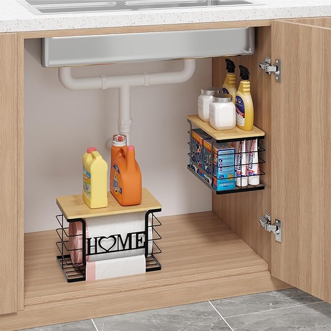 Trash Bag Holder Dispenser, AUVAHOX Garbage Bags Organizers with Bamboo Top, Wall Mount with Adhesive Hook, Perfect Storage Rack for Cabinet, Under Sink (Black, 2pack set-L/XL)