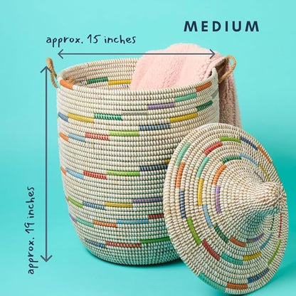 Medium Colorful White Basket for Decor, Organizing, Storage - Living Room Blankets, Nursery Toys, Laundry, Towels, Pillows, Comforter, Cushions - Wicker, Woven, Round, Lid, Handles
