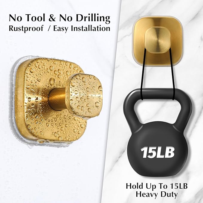 warlve Suction Cup Hooks for Shower - Reusable No-Drill Mounting - Hooks for Towels, Robes & Loofah on Metal, Glass, Mirrors, Tile & Smooth Non-Porous Surfaces (4, Brushed Gold)