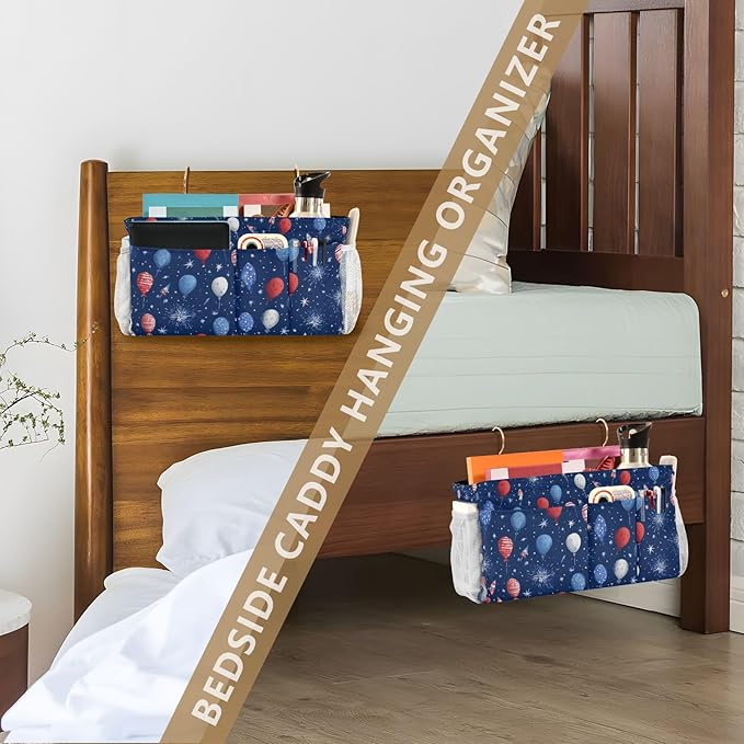 CuwrYet Bedside Caddy Hanging Bunk Bed Caddy Bed Organizer Hanging Pocket with 2 Hooks Bedside Storage Organizer Pocket Bag Holder Navy Blue Patriotic Balloons Fireworks