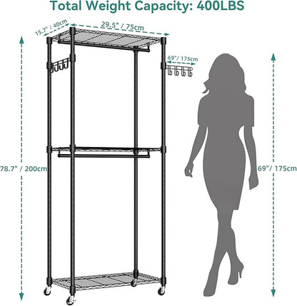 Heavy Duty Rolling Garment Rack, 3 Tiers Wire Shelves Adjustable Freestanding Portable Rolling Clothing Rack with Lockable Wheels, 29.5''L x 15.8''W x 78.8''H, Max Load 400 LBS