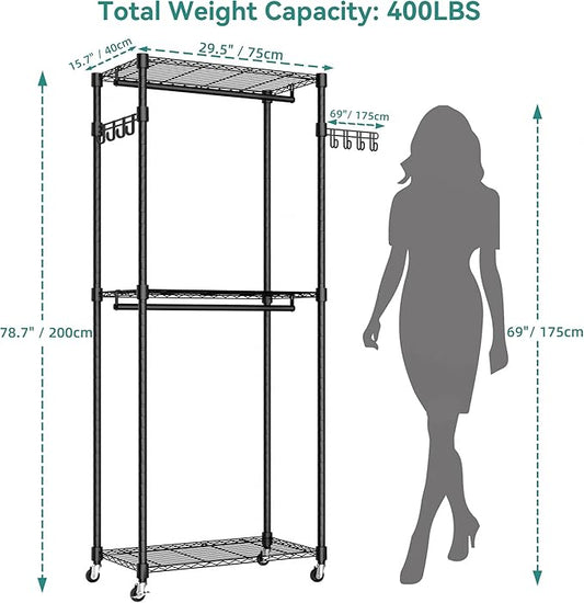 Heavy Duty Rolling Garment Rack, 3 Tiers Wire Shelves Adjustable Freestanding Portable Rolling Clothing Rack with Lockable Wheels, 29.5''L x 15.8''W x 78.8''H, Max Load 400 LBS
