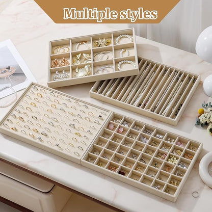 KATISYIO Large Velvet Jewelry Tray 2 Pack Stackable Jewelry Display Drawer Inserts Trays Organizer for Earring Bracelet Necklace Ring (Beige, Ring 81 Slots)