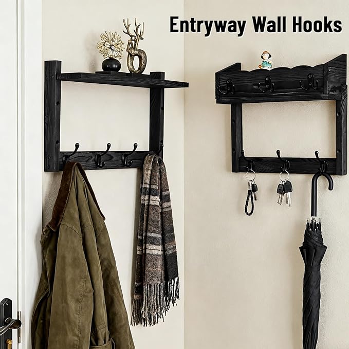 28" Coat Rack Wall Mount with Shelf, Entryway Key Holder Wall Mount Wood Wall Coat Hooks with 7 Hooks 3 Key Hanger, Wall Mounted Coat Rack Mail Holder for Living Room, Bedroom