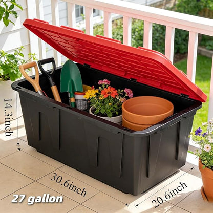 4-Pack 27 Gallon Heavy Duty Storage Bins Durable Polypropylene Plastic with Snap Lock Lids Stackable Large Capacity Organizers Garage Basement Multi-Purpose Storage Containers Black and Red