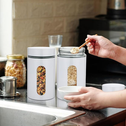 Mimorou 6 Pack Kitchen Canisters Set Airtight Coffee Sugar Tea Storage Jars with Window Glass Stainless Steel Containers with Lids for Flour Cookies Spices Grains Kitchen Decorations(White,32 oz)