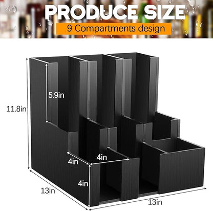 Wooden Vertical Coffee cup and lid dispenser, coffee condiment organizer, 9 Compartment for Disposable Paper & Plastic Cup, for cabinet Station Home Countertop Bar 13''l x 13''w x 12''h