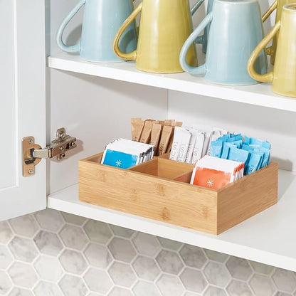mDesign Bamboo Tea & Food Storage Organizer Container Box - Wooden Holder Case for Tea Bags, Coffee, Snacks, Sugar, Sweeteners, and Small Packets - Echo Collection - 4 Pack - Natural Wood